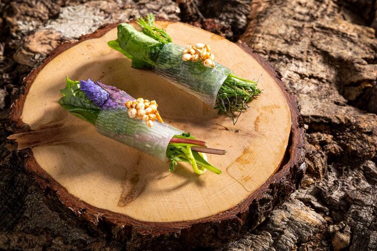 Frische, gefüllte Reispapierrollen liegen auf einem rustikalen Holzbrett, umgeben von natürlicher Holzstruktur.