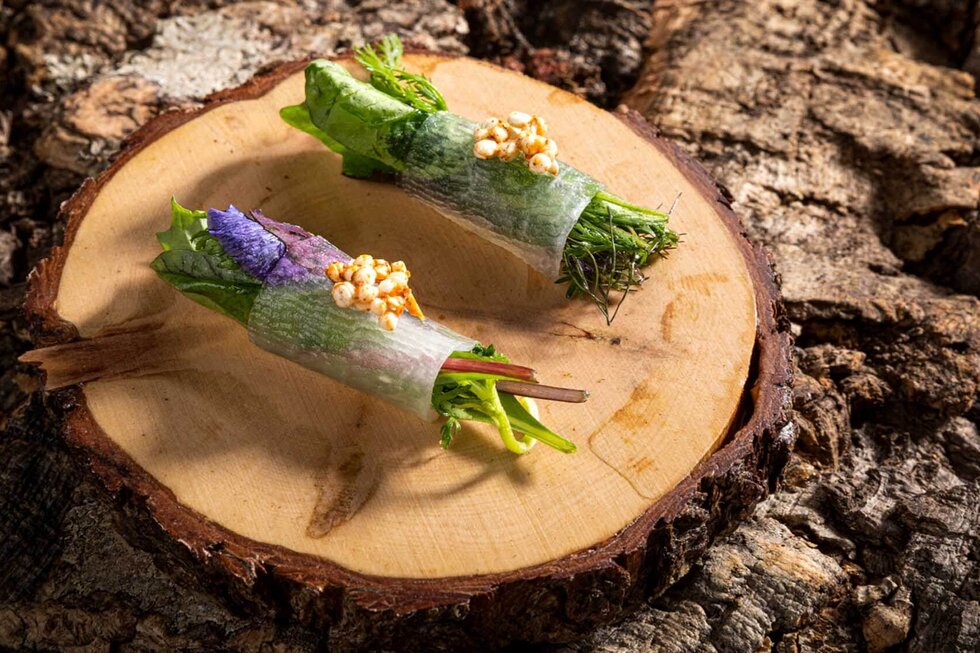 Frische, gefüllte Reispapierrollen liegen auf einem rustikalen Holzbrett, umgeben von natürlicher Holzstruktur.