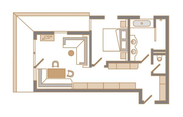 Der Grundriss zeigt eine gemütliche Wohnlandschaft mit einem Sofa, einem Tisch und einem Schlafzimmer im Hintergrund.