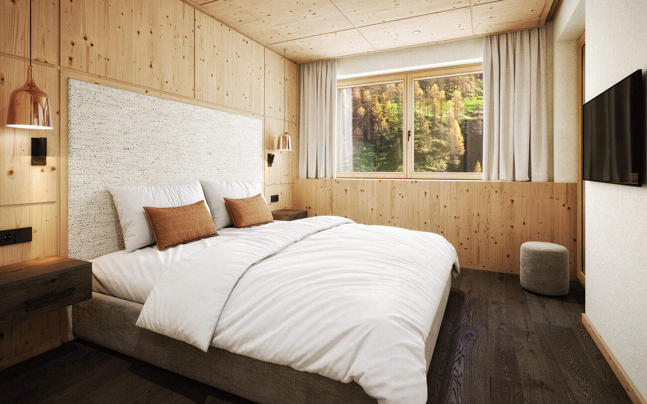 Ein gemütliches Schlafzimmer mit einem großen Bett, weißen Bettwäsche und zwei dekorativen Kissen in einem modernen Holzdesign.