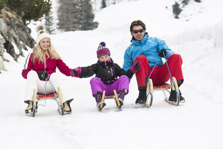 Eine fröhliche Familie sitzt auf Schlitten im Schnee, während sie sich an den Händen halten und gemeinsam lachen.