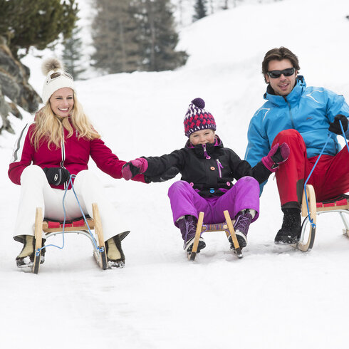 Eine fröhliche Familie sitzt auf Schlitten im Schnee, während sie sich an den Händen halten und gemeinsam lachen.