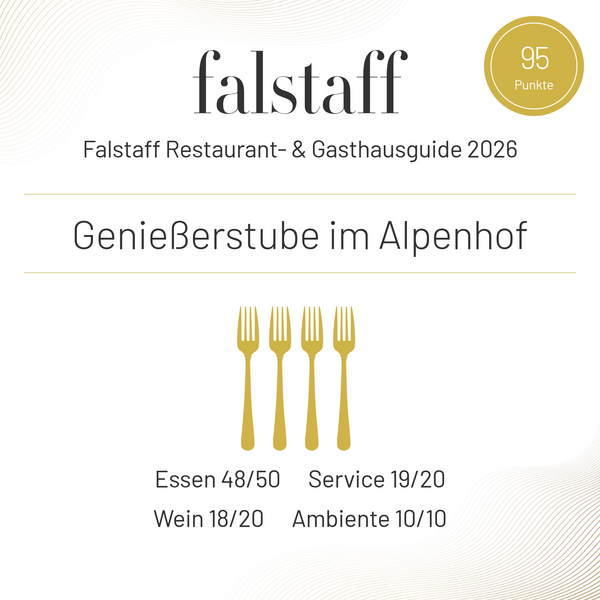 Falstaff-Auszeichnung für den Alpenhof mit einer Bewertung von 95 Punkten.