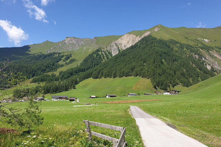 Eine malerische Landschaft mit sanften Hügeln, bewaldeten Bergen und verstreuten Bauernhäusern unter einem strahlend blauen Himmel.