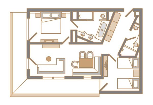 Der Grundriss zeigt eine offene Wohnküche, ein Wohnzimmer und zwei Schlafzimmer, die gut angeordnet sind.