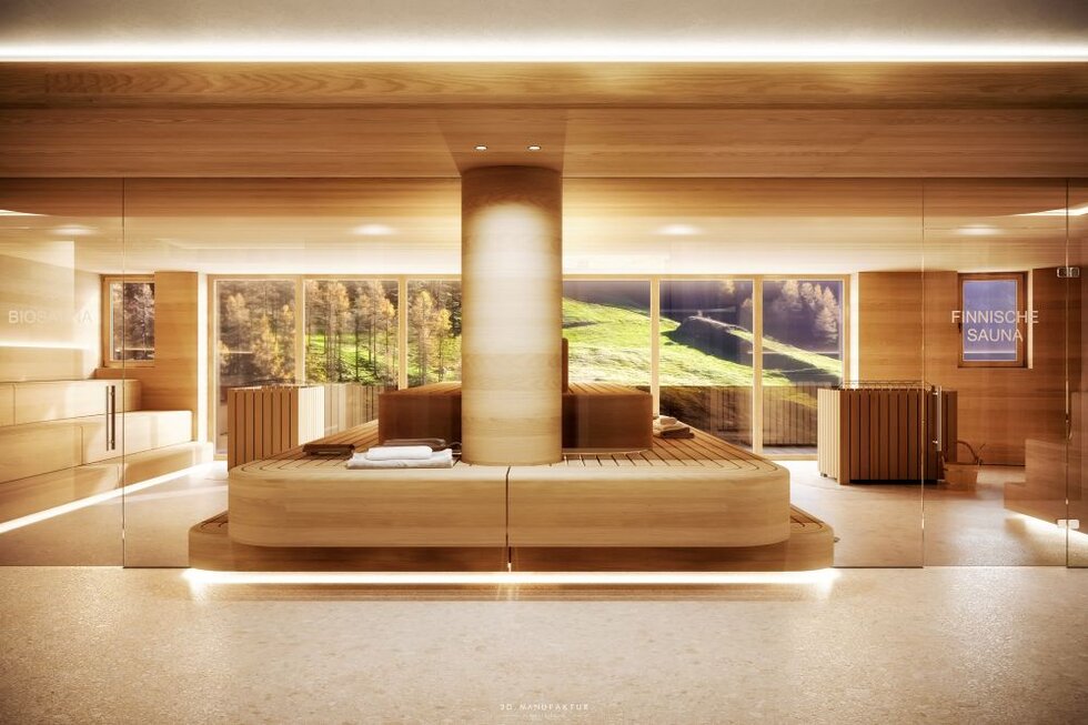 Ein modernes Saunainneres mit Holzverkleidung, großen Fenstern und Blick auf die Alpenlandschaft im Hintergrund.