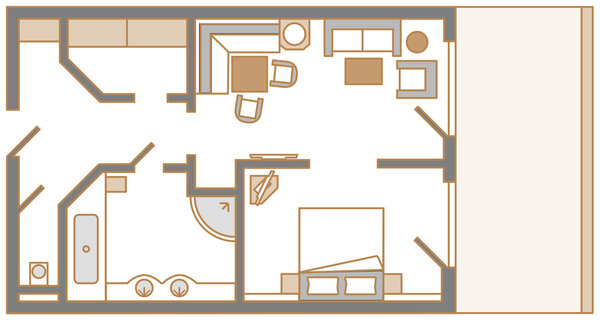 Der Grundriss zeigt eine moderne Wohnung mit einem offenen Wohnbereich, Schlafzimmer und einem Badezimmer.
