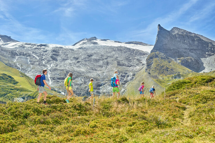 Eine Familie wandert fröhlich auf einem grünen Hügel, umgeben von majestätischen Bergen und klarem blauen Himmel.