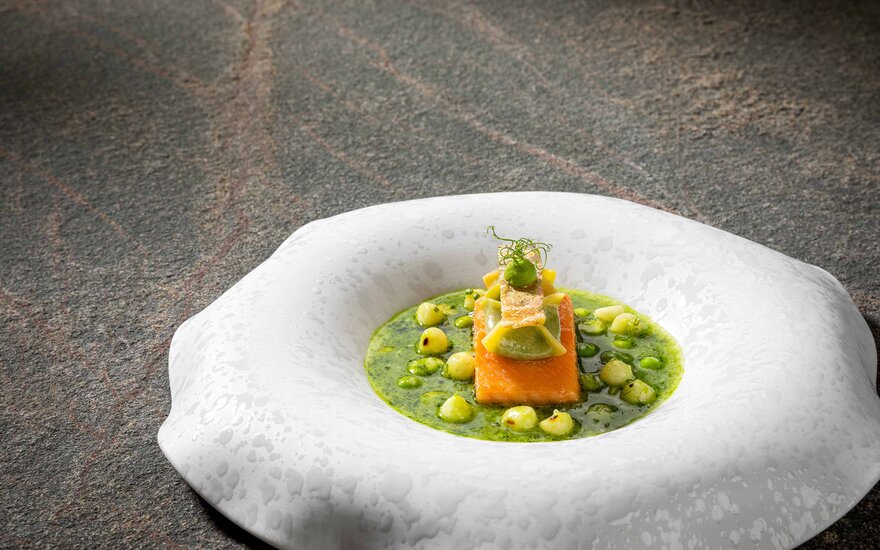 Ein kunstvoll angerichteter Teller mit einem Stück Lachs auf einer grünen Sauce, garniert mit frischen Kräutern und Gemüse.