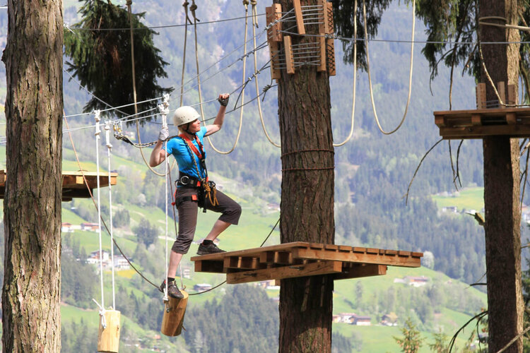 Eine Person in einem Kletterpark balanciert auf einem Baumstamm zwischen zwei Plattformen in der Natur.