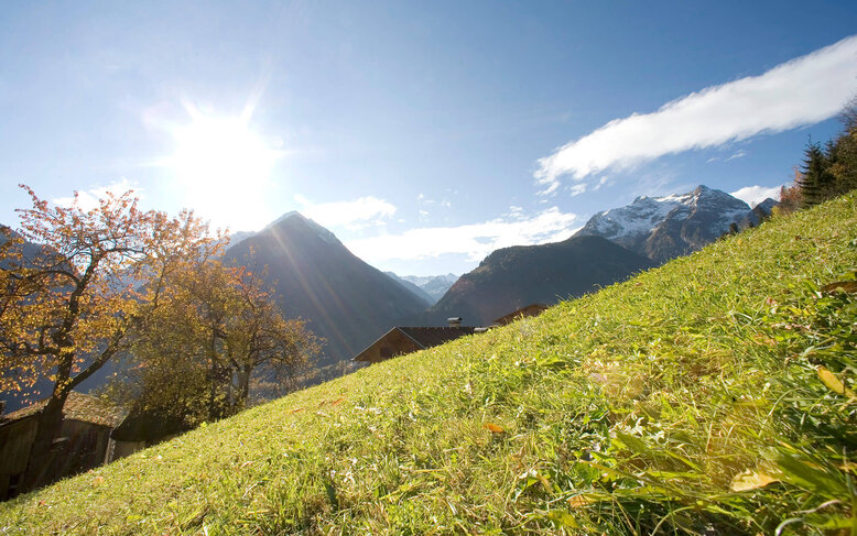Ein sonniger Herbsttag in den Bergen, mit bunten Bäumen und schneebedeckten Gipfeln im Hintergrund.