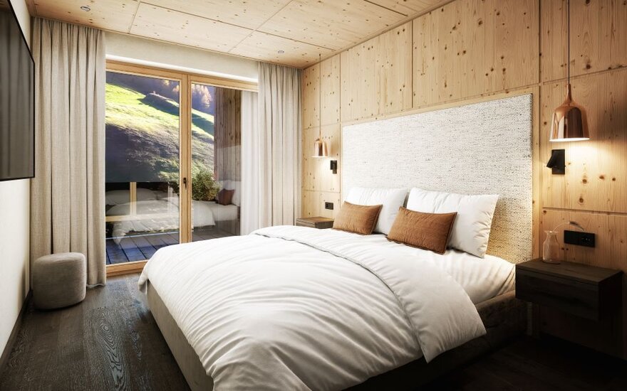 Ein modernes Schlafzimmer mit Holzverkleidung, einem großen Bett und sanften Farben, das Gemütlichkeit ausstrahlt.