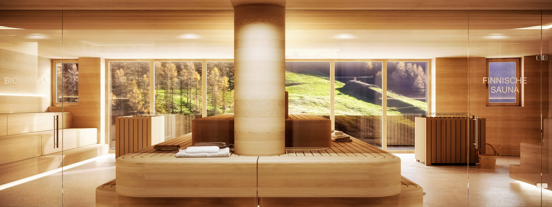 Ein moderner Saunabereich mit zentrale Sitzgelegenheit.