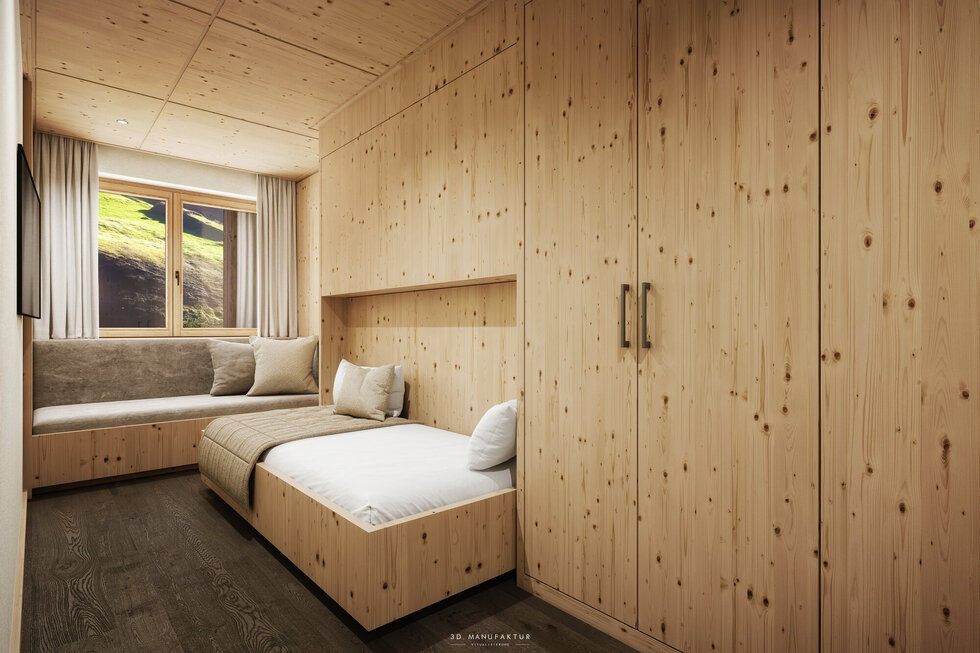 Ein modernes Schlafzimmer mit Holzverkleidung, einem Einzelbett und einer gemütlichen Sitzecke neben einem großen Fenster.