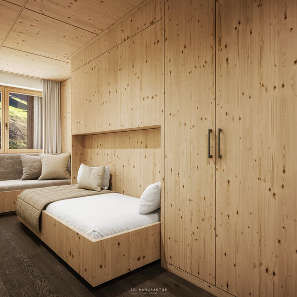 Ein modernes Schlafzimmer mit Holzverkleidung, einem Einzelbett und einer gemütlichen Sitzecke neben einem großen Fenster.
