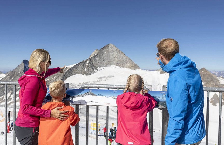 Familie vor Bergpanorama im Winter