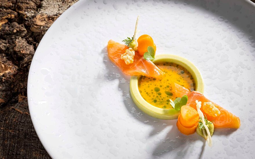 Ein elegantes Gericht mit Lachs, umgeben von einer leuchtend gelben Sauce und frischen Kräutern auf einem weißen Teller.
