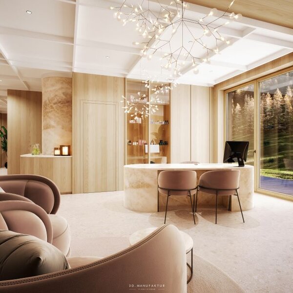 Ein elegantes Interieur mit Holzverkleidung, einem Empfangstresen und modernen Möbeln, umgeben von natürlichem Licht.