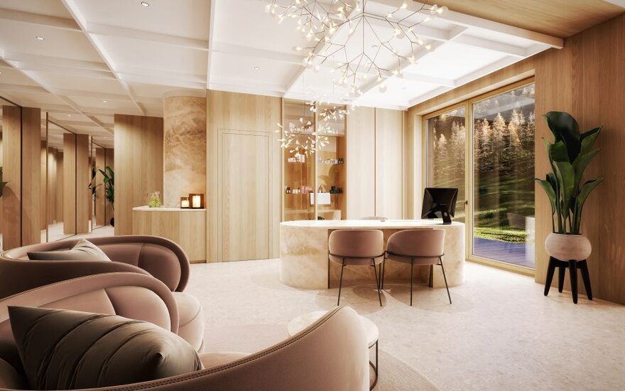 Ein elegantes Interieur mit Holzverkleidung, einem Empfangstresen und modernen Möbeln, umgeben von natürlichem Licht.