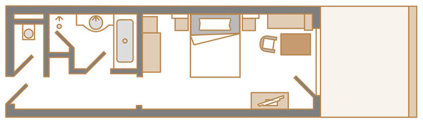 Eine schematische Darstellung eines Raumes mit einem Bett, einem Tisch und einem Badezimmerbereich, alles in neutralen Farben.