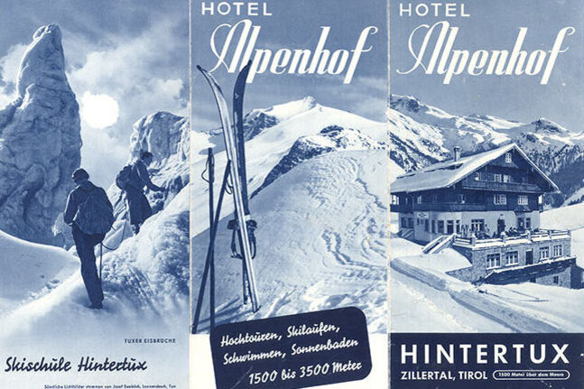 Ein nostalgisches Hotelprospekt für das Hotel Alpenhof, umgeben von schneebedeckten Bergen und einer klaren Winterlandschaft.