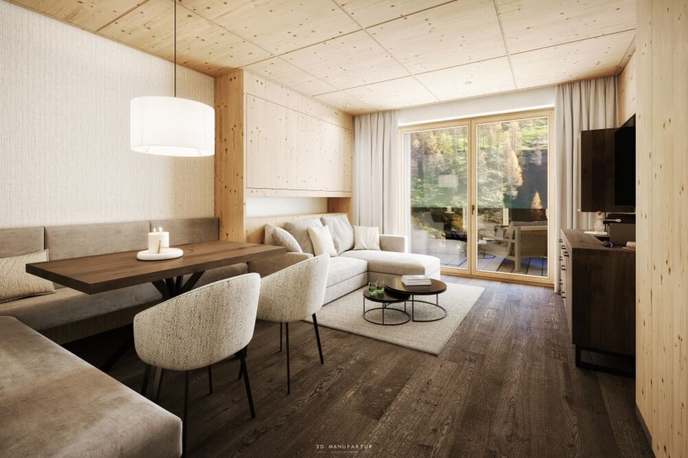 Ein modernes Wohnzimmer mit Holzverkleidung, einem großen Fenster und einem gemütlichen Sofa, das zum Entspannen einlädt.