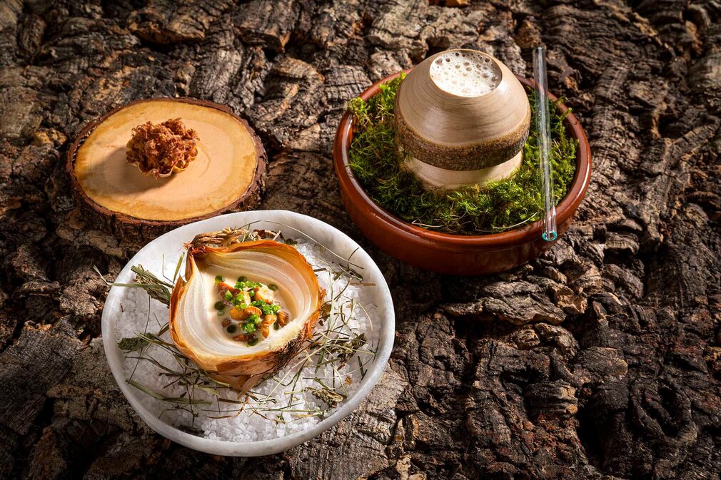 Zwei kreative Speisen: eine gefüllte Zwiebelhälfte auf Eis und eine dekorative Schale mit einer schaumigen Flüssigkeit und Moos.