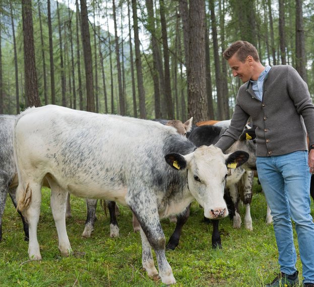 Klaus Dengg bei der Kühen auf der Wiese