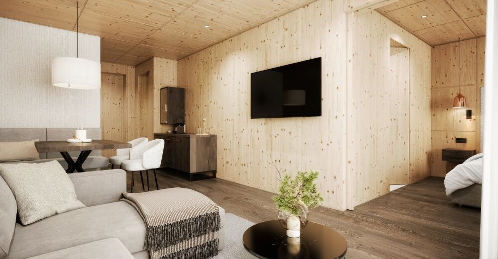 Ein modernes Interieur mit Holzverkleidung, einem gemütlichen Sofa und einem eleganten Tisch in einem hellen Raum.