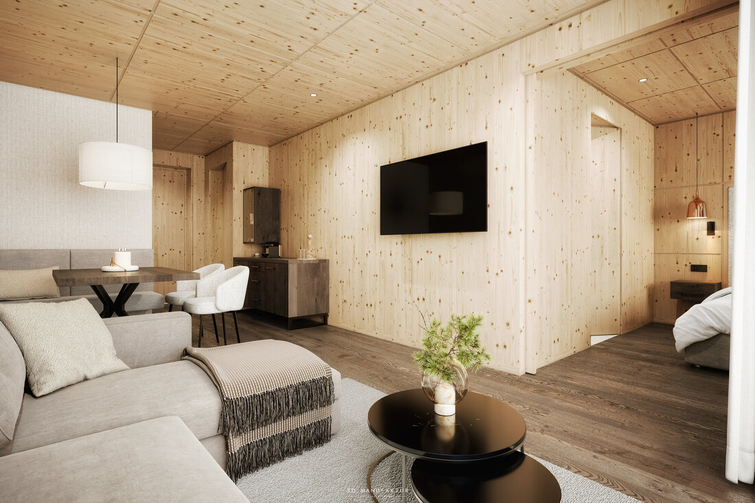 Ein modernes Interieur mit Holzverkleidung, einem gemütlichen Sofa und einem eleganten Esstisch in einem hellen Raum.