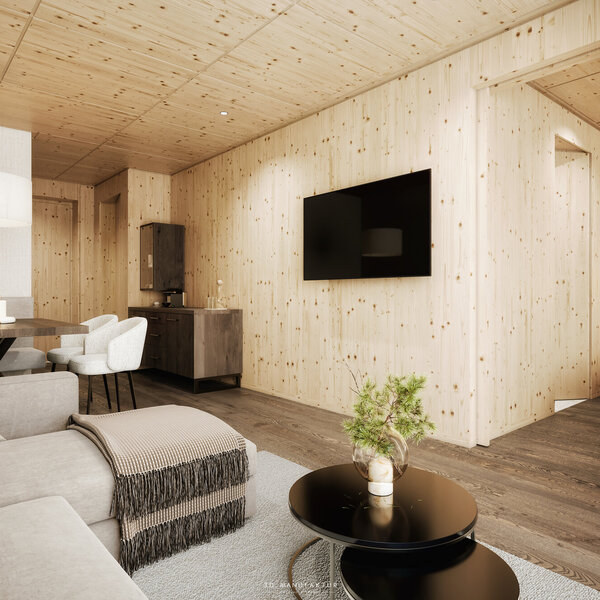 Ein modernes Interieur mit Holzverkleidung, einem gemütlichen Sofa und einem eleganten Esstisch in einem hellen Raum.