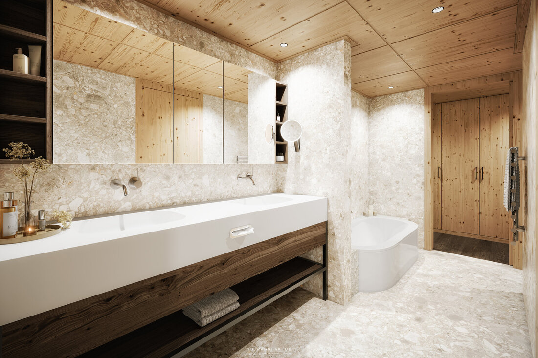 Ein modernes Badezimmer mit einer eleganten weißen Badewanne und einem stilvollen Waschbecken aus Holz und Stein.