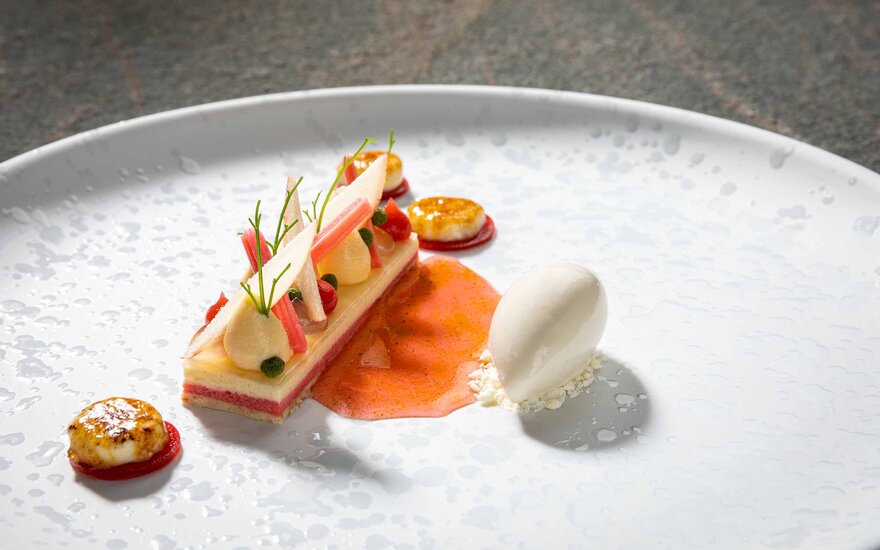 Ein kunstvoll angerichtetes Dessert mit Schichten aus Frucht und Sahne, garniert mit frischen Kräutern und einer fruchtigen Sauce.