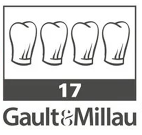 Das Logo von Gault&Millau zeigt vier Kochmützen und die Zahl 17, was auf eine hohe kulinarische Bewertung hinweist.