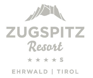 Das Logo des Zugspitz Resorts zeigt stilisierte Berggipfel und den Schriftzug in eleganter Schriftart.