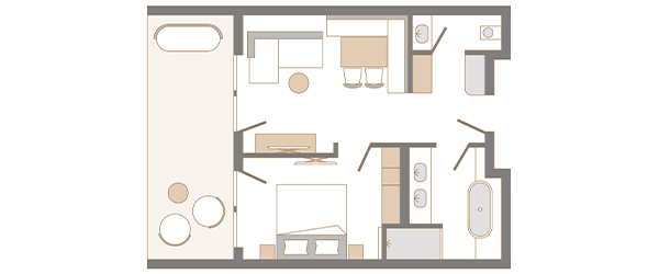 Der Grundriss zeigt eine moderne Suite mit einem offenen Wohnbereich, Schlafzimmer und Badezimmer.
