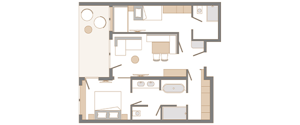 Der Grundriss zeigt eine geräumige Suite mit einem offenen Wohnbereich, einer Küche und einem Badezimmer.